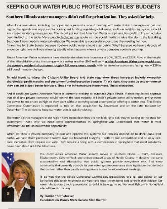 Tamiko ‘TC’ Mueller Statement on S. IL Water Districts Consolidation and Privatization